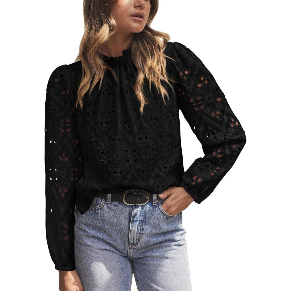 imagePRETTYGARDEN Tops for Women 2026 Spring Long Sleeve Blouses Dressy Casual Embroidered Eyelet Shirts Fall Going Out OutfitsBlack