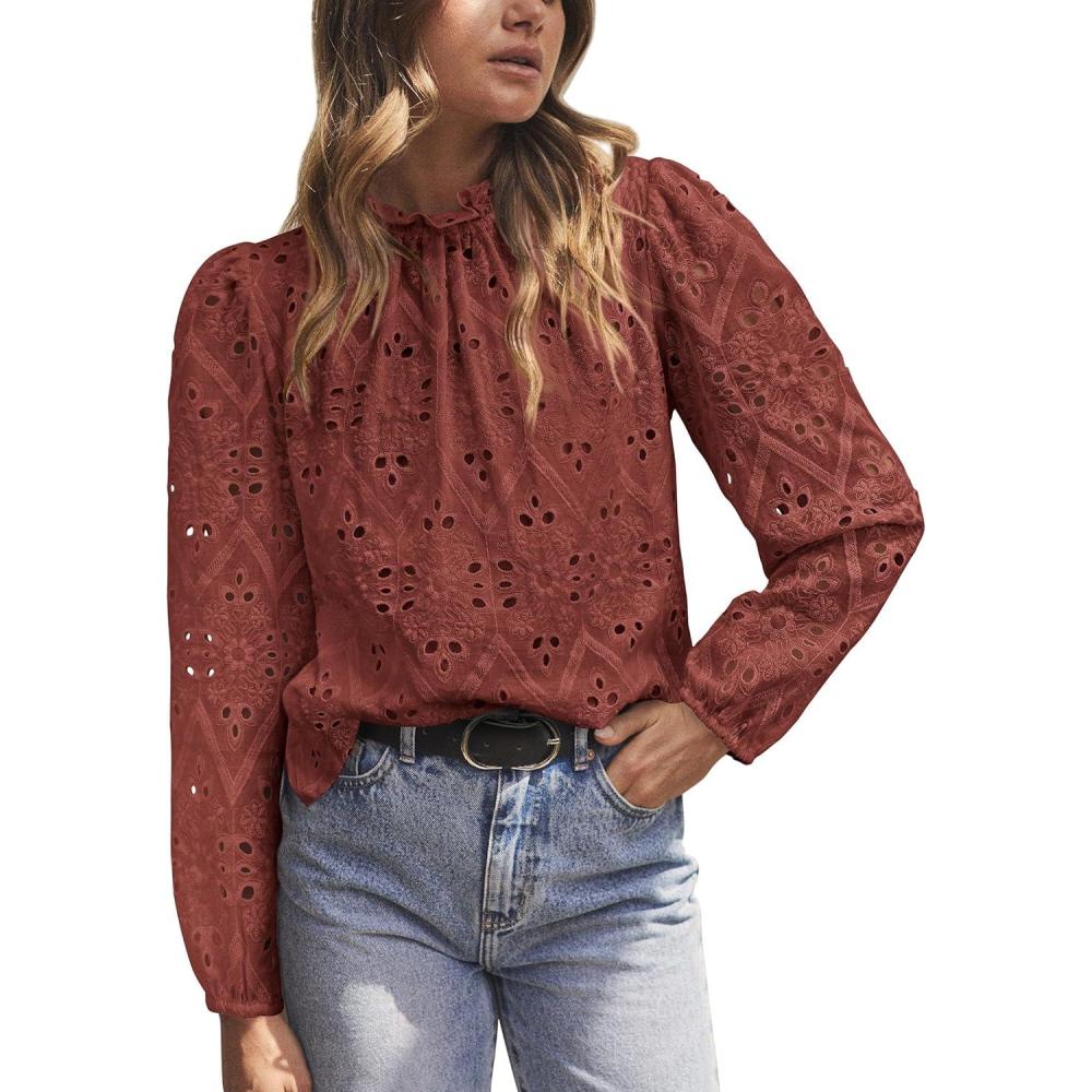 imagePRETTYGARDEN Tops for Women 2026 Spring Long Sleeve Blouses Dressy Casual Embroidered Eyelet Shirts Fall Going Out OutfitsBrown Red