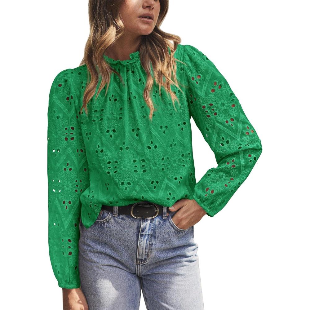 imagePRETTYGARDEN Tops for Women 2026 Spring Long Sleeve Blouses Dressy Casual Embroidered Eyelet Shirts Fall Going Out OutfitsGreen