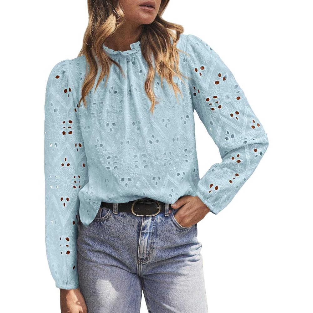 imagePRETTYGARDEN Tops for Women 2026 Spring Long Sleeve Blouses Dressy Casual Embroidered Eyelet Shirts Fall Going Out OutfitsLight Blue