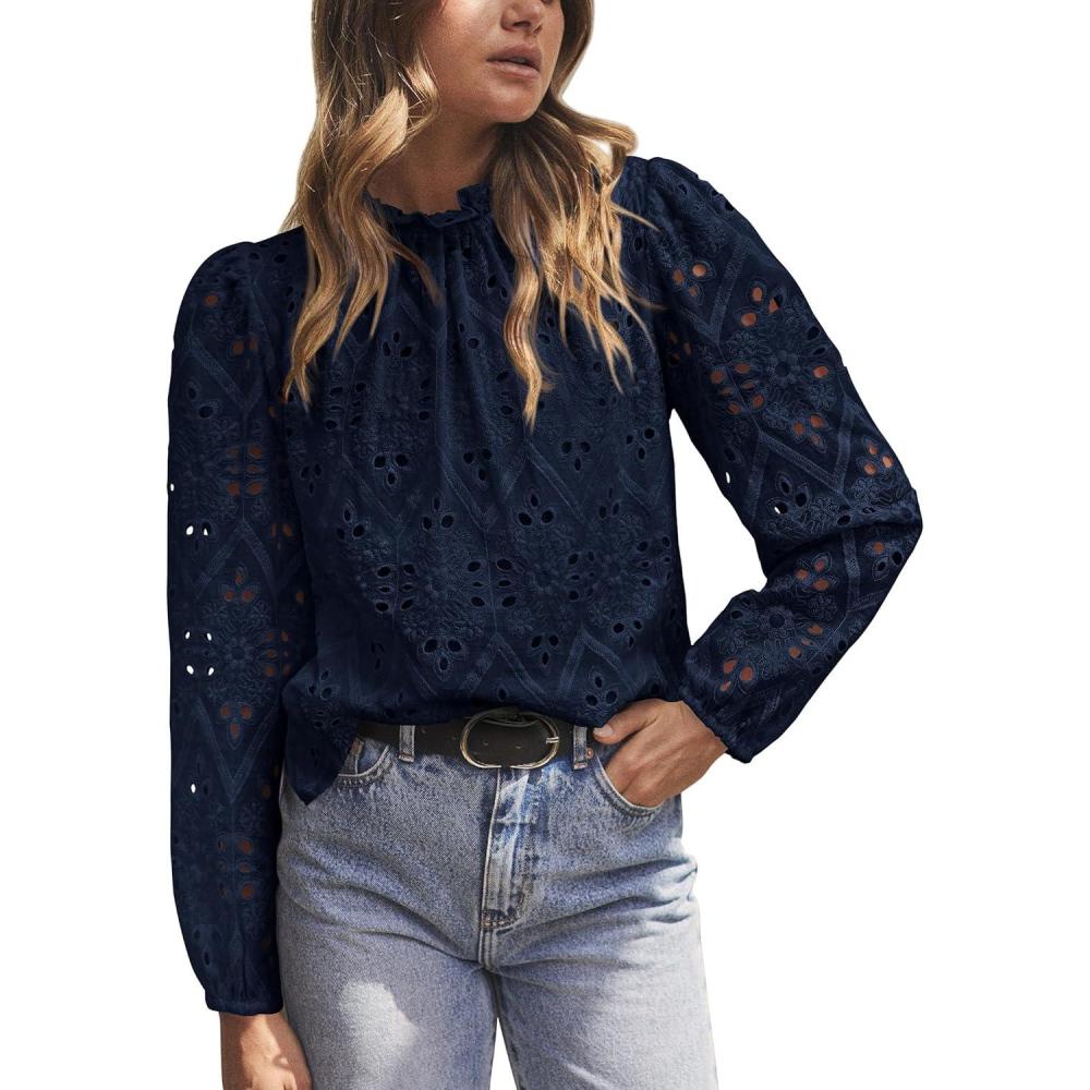 imagePRETTYGARDEN Tops for Women 2026 Spring Long Sleeve Blouses Dressy Casual Embroidered Eyelet Shirts Fall Going Out OutfitsNavy