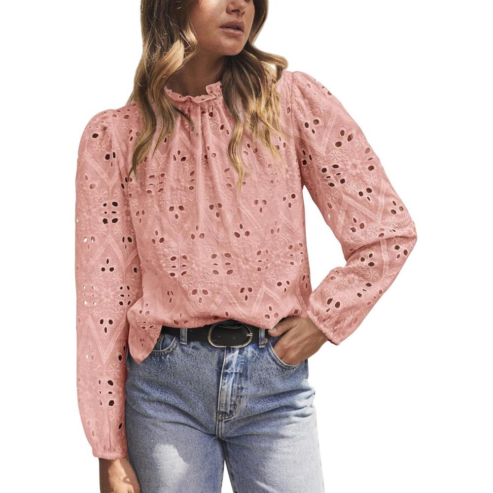 imagePRETTYGARDEN Tops for Women 2026 Spring Long Sleeve Blouses Dressy Casual Embroidered Eyelet Shirts Fall Going Out OutfitsPink