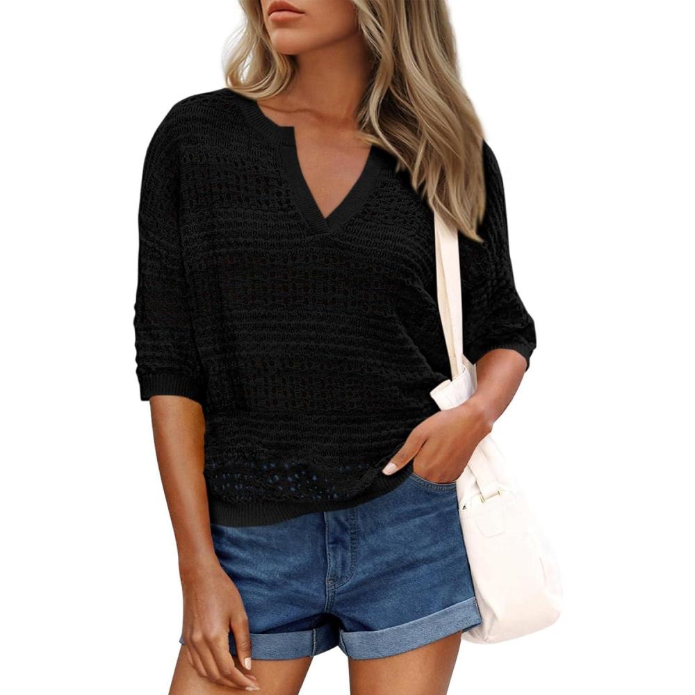 imagePRETTYGARDEN Womens Crochet Tops Dressy Casual Cotton Hollow Out Knit Short Sleeve Sweater for Women Summer Beach Cover UpBlack