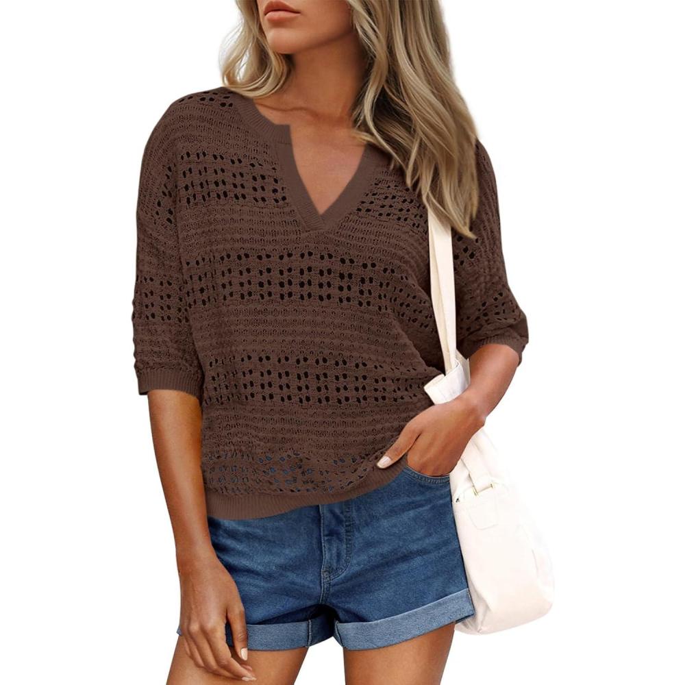 imagePRETTYGARDEN Womens Crochet Tops Dressy Casual Cotton Hollow Out Knit Short Sleeve Sweater for Women Summer Beach Cover UpBrown