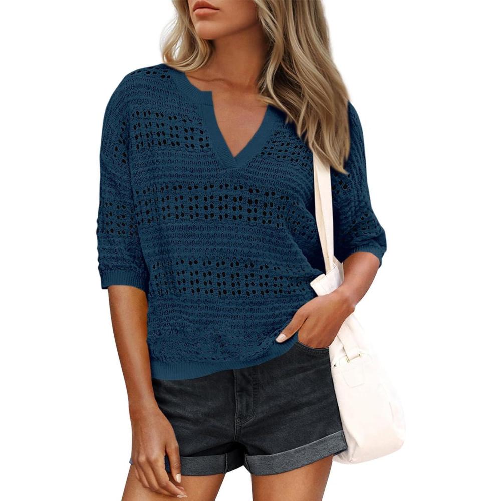 imagePRETTYGARDEN Womens Crochet Tops Dressy Casual Cotton Hollow Out Knit Short Sleeve Sweater for Women Summer Beach Cover UpDark Blue