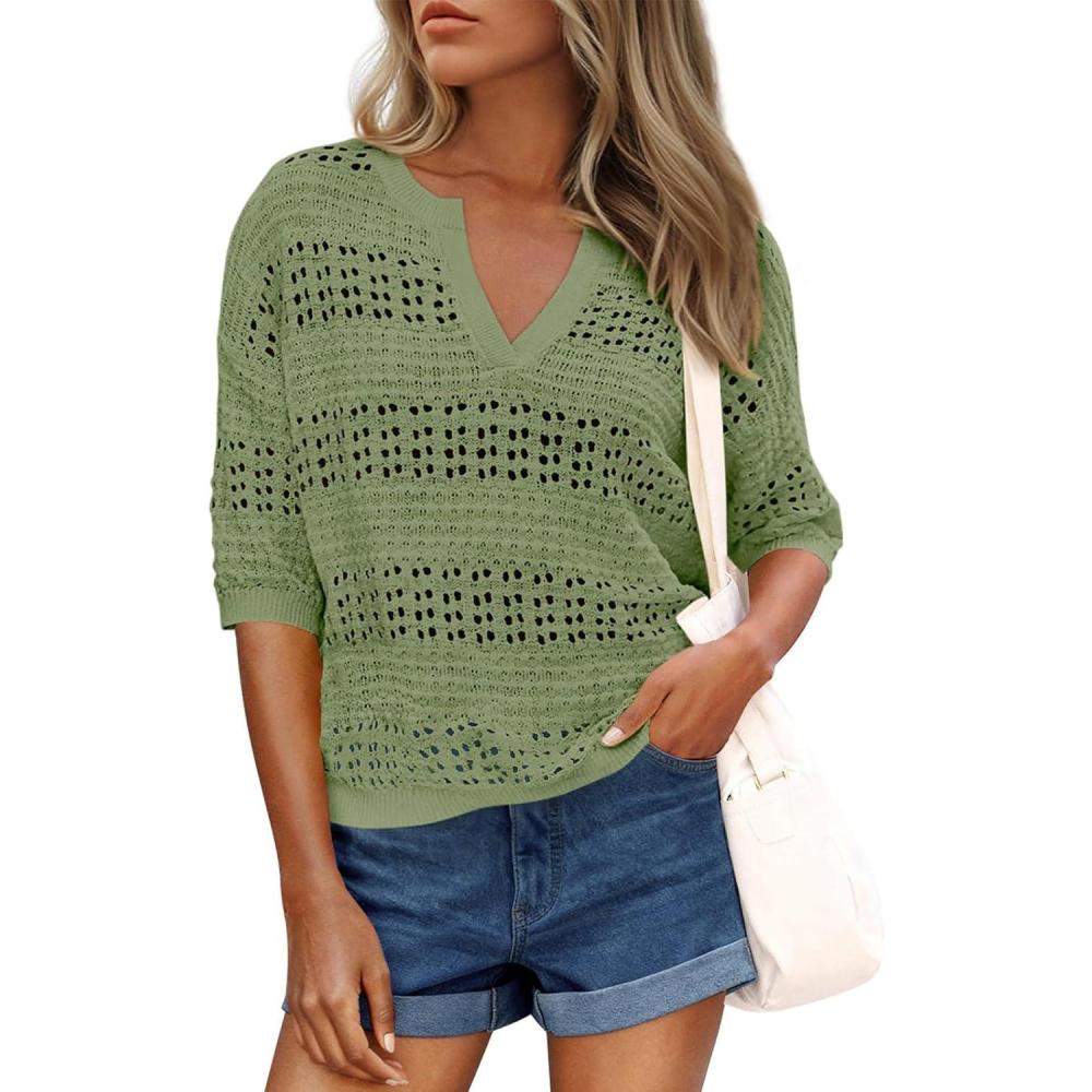 imagePRETTYGARDEN Womens Crochet Tops Dressy Casual Cotton Hollow Out Knit Short Sleeve Sweater for Women Summer Beach Cover UpGreen