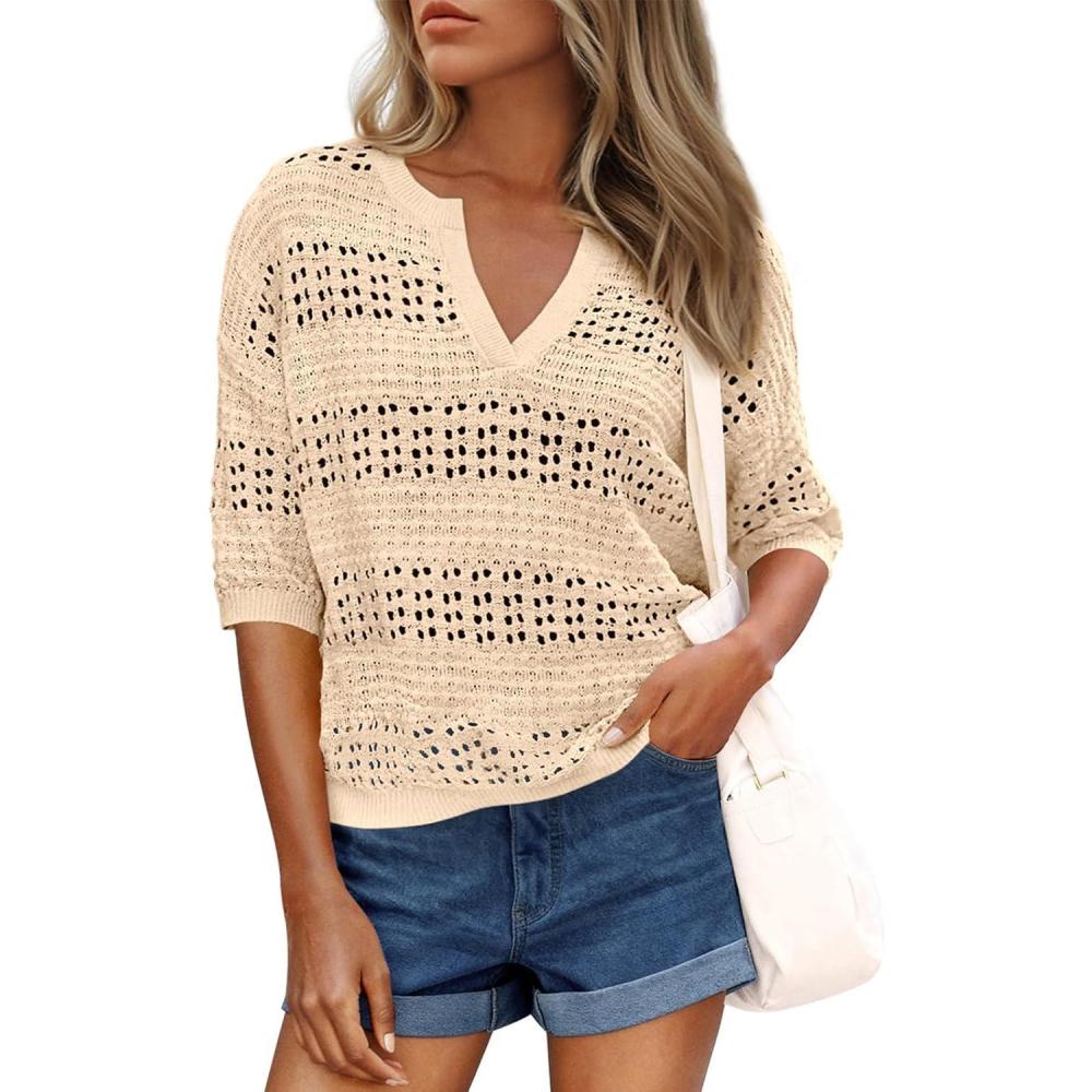 imagePRETTYGARDEN Womens Crochet Tops Dressy Casual Cotton Hollow Out Knit Short Sleeve Sweater for Women Summer Beach Cover UpLight Khaki