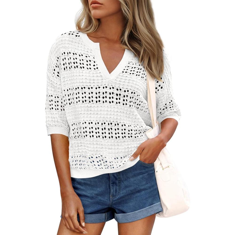 imagePRETTYGARDEN Womens Crochet Tops Dressy Casual Cotton Hollow Out Knit Short Sleeve Sweater for Women Summer Beach Cover UpWhite