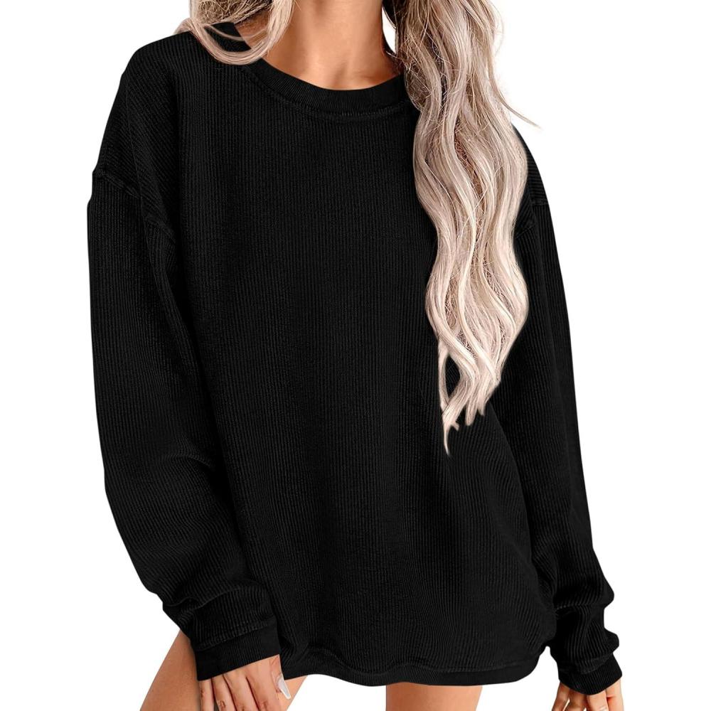 imagePRETTYGARDEN Womens Oversized Sweatshirt 2025 Fall Fashion Clothes Ribbed Corduroy Long Sleeve Going Out Pullover TopsBlack