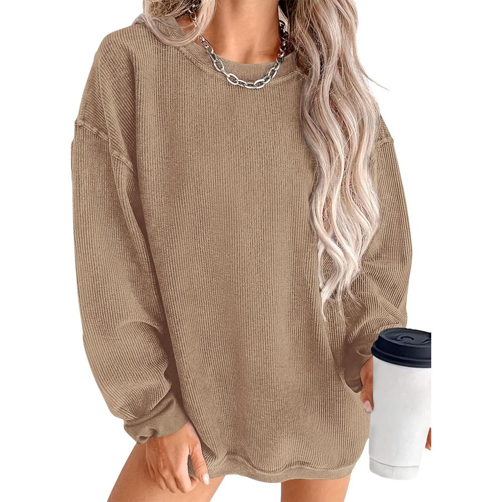 imagePRETTYGARDEN Womens Oversized Sweatshirt 2025 Fall Fashion Clothes Ribbed Corduroy Long Sleeve Going Out Pullover TopsKhaki