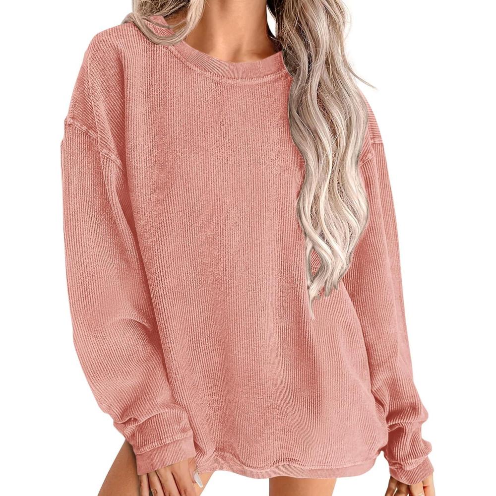 imagePRETTYGARDEN Womens Oversized Sweatshirt 2025 Fall Fashion Clothes Ribbed Corduroy Long Sleeve Going Out Pullover TopsPink