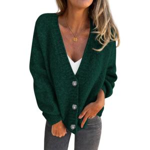 PRETTYGARDEN Cardigan Sweaters for Women Trendy Fall 2026 Long Sleeve Button Down Oversized Chunky Knit Sweater Outerwear(Dark Green)