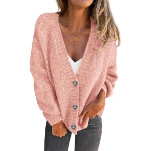 PRETTYGARDEN Cardigan Sweaters for Women Trendy Fall 2026 Long Sleeve Button Down Oversized Chunky Knit Sweater Outerwear(Pink)
