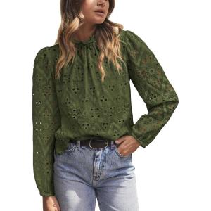 PRETTYGARDEN Tops for Women 2026 Spring Long Sleeve Blouses Dressy Casual Embroidered Eyelet Shirts Fall Going Out Outfits(Army Green)