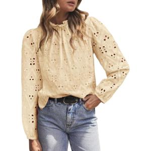 PRETTYGARDEN Tops for Women 2026 Spring Long Sleeve Blouses Dressy Casual Embroidered Eyelet Shirts Fall Going Out Outfits(Beige Yellow)