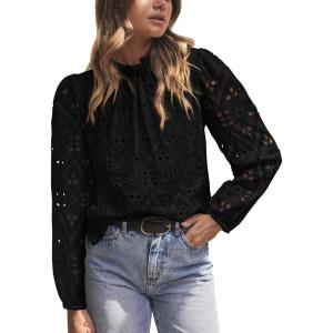 PRETTYGARDEN Tops for Women 2026 Spring Long Sleeve Blouses Dressy Casual Embroidered Eyelet Shirts Fall Going Out Outfits(Black)