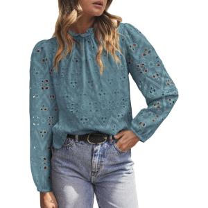 PRETTYGARDEN Tops for Women 2026 Spring Long Sleeve Blouses Dressy Casual Embroidered Eyelet Shirts Fall Going Out Outfits(Blue Grey)