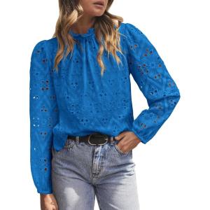 PRETTYGARDEN Tops for Women 2026 Spring Long Sleeve Blouses Dressy Casual Embroidered Eyelet Shirts Fall Going Out Outfits(Brilliant Blue)