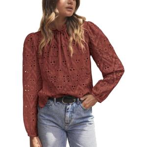 PRETTYGARDEN Tops for Women 2026 Spring Long Sleeve Blouses Dressy Casual Embroidered Eyelet Shirts Fall Going Out Outfits(Brown Red)
