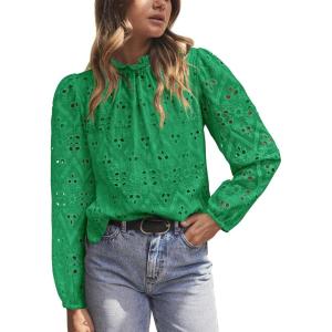 PRETTYGARDEN Tops for Women 2026 Spring Long Sleeve Blouses Dressy Casual Embroidered Eyelet Shirts Fall Going Out Outfits(Green)