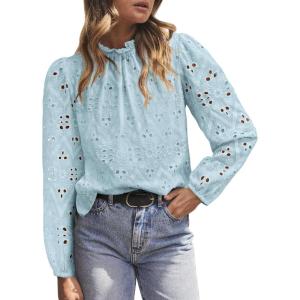 PRETTYGARDEN Tops for Women 2026 Spring Long Sleeve Blouses Dressy Casual Embroidered Eyelet Shirts Fall Going Out Outfits(Light Blue)