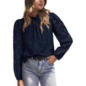 PRETTYGARDEN Tops for Women 2026 Spring Long Sleeve Blouses Dressy Casual Embroidered Eyelet Shirts Fall Going Out Outfits(Navy)
