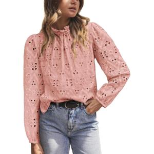 PRETTYGARDEN Tops for Women 2026 Spring Long Sleeve Blouses Dressy Casual Embroidered Eyelet Shirts Fall Going Out Outfits(Pink)