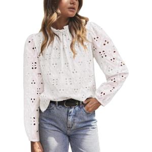 PRETTYGARDEN Tops for Women 2026 Spring Long Sleeve Blouses Dressy Casual Embroidered Eyelet Shirts Fall Going Out Outfits(White)