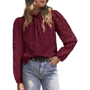 PRETTYGARDEN Tops for Women 2026 Spring Long Sleeve Blouses Dressy Casual Embroidered Eyelet Shirts Fall Going Out Outfits(Wine Red)