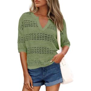 PRETTYGARDEN Womens Crochet Tops Dressy Casual Cotton Hollow Out Knit Short Sleeve Sweater for Women Summer Beach Cover Up(Green)
