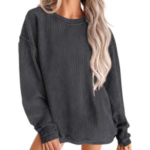 PRETTYGARDEN Women’s Oversized Sweatshirt 2025 Fall Fashion Clothes Ribbed Corduroy Long Sleeve Going Out Pullover Tops(Dark Grey)