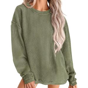 PRETTYGARDEN Women’s Oversized Sweatshirt 2025 Fall Fashion Clothes Ribbed Corduroy Long Sleeve Going Out Pullover Tops(Green)