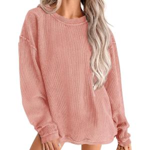 PRETTYGARDEN Women’s Oversized Sweatshirt 2025 Fall Fashion Clothes Ribbed Corduroy Long Sleeve Going Out Pullover Tops(Pink)