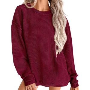 PRETTYGARDEN Women’s Oversized Sweatshirt 2025 Fall Fashion Clothes Ribbed Corduroy Long Sleeve Going Out Pullover Tops(Wine Red)
