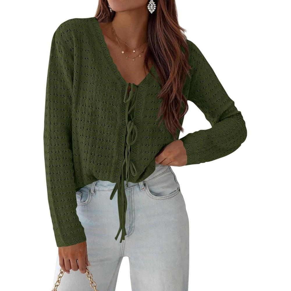 imagePRETTYGARDEN Crochet Cardigan Sweaters for Women Trendy Spring Summer Long Sleeve Tie Front Tops Boho Beach Vacation ClothesArmy Green