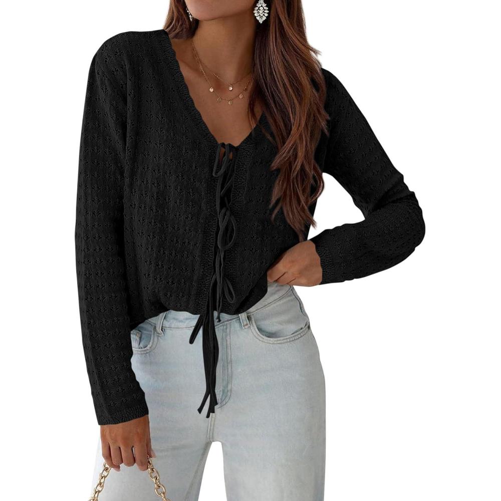 imagePRETTYGARDEN Crochet Cardigan Sweaters for Women Trendy Spring Summer Long Sleeve Tie Front Tops Boho Beach Vacation ClothesBlack