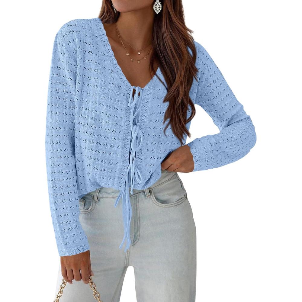 imagePRETTYGARDEN Crochet Cardigan Sweaters for Women Trendy Spring Summer Long Sleeve Tie Front Tops Boho Beach Vacation ClothesLight Blue