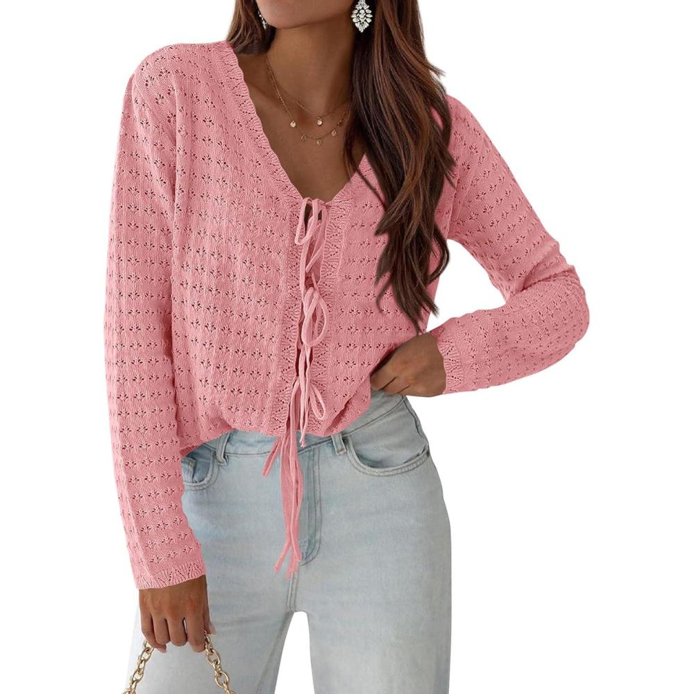 imagePRETTYGARDEN Crochet Cardigan Sweaters for Women Trendy Spring Summer Long Sleeve Tie Front Tops Boho Beach Vacation ClothesPink