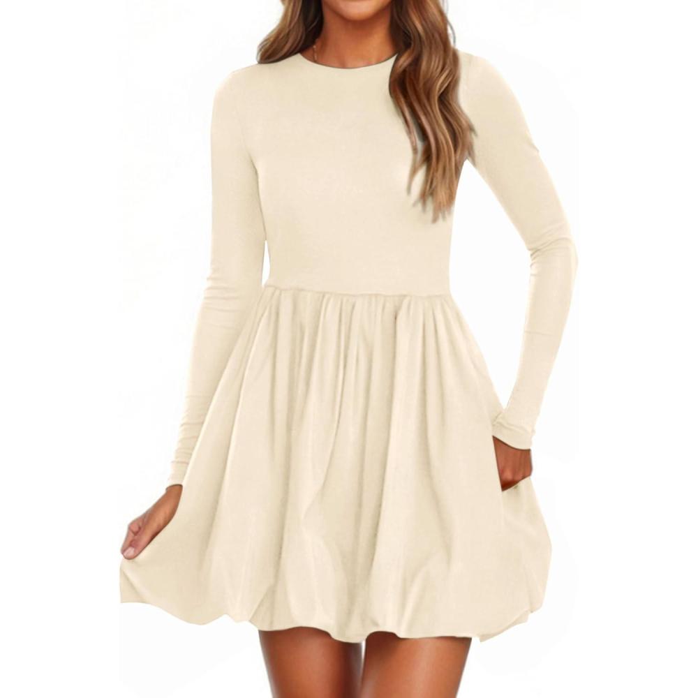 imagePRETTYGARDEN Fall Dresses for Women 2026 Casual Long Sleeve Bubble Cute Crew Neck A Line Mini Short Dress with PocketsApricot