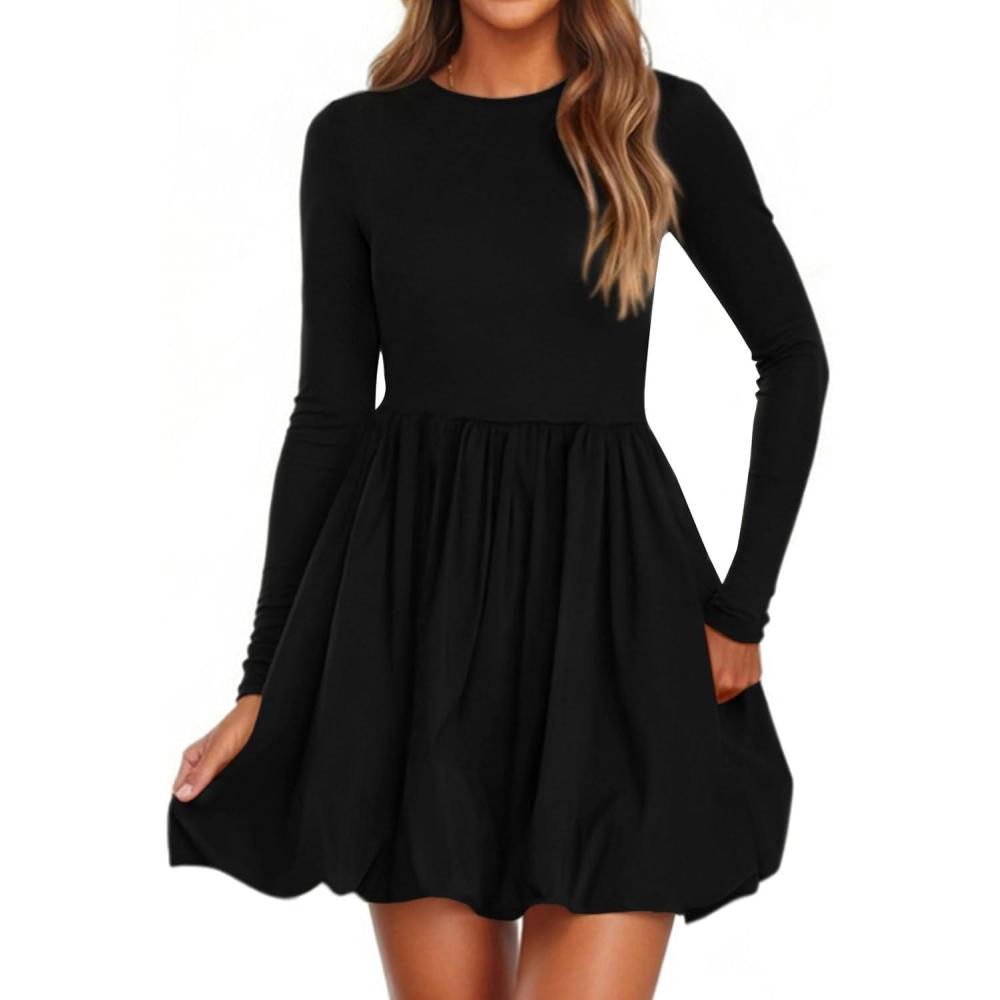 imagePRETTYGARDEN Fall Dresses for Women 2026 Casual Long Sleeve Bubble Cute Crew Neck A Line Mini Short Dress with PocketsBlack