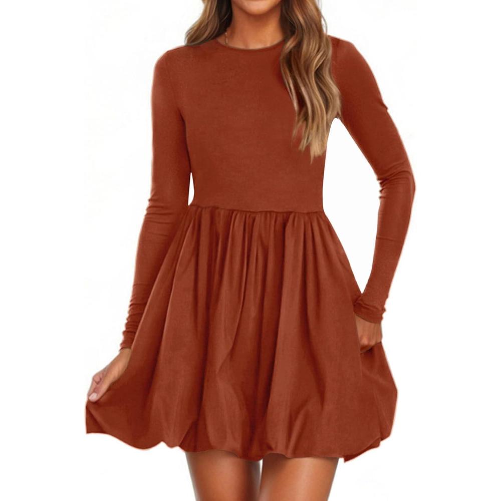 imagePRETTYGARDEN Fall Dresses for Women 2026 Casual Long Sleeve Bubble Cute Crew Neck A Line Mini Short Dress with PocketsBrick Red