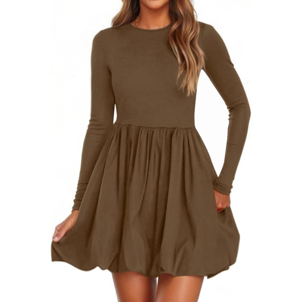 imagePRETTYGARDEN Fall Dresses for Women 2026 Casual Long Sleeve Bubble Cute Crew Neck A Line Mini Short Dress with PocketsBrown