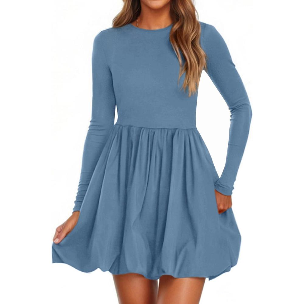 imagePRETTYGARDEN Fall Dresses for Women 2026 Casual Long Sleeve Bubble Cute Crew Neck A Line Mini Short Dress with PocketsGrey Blue