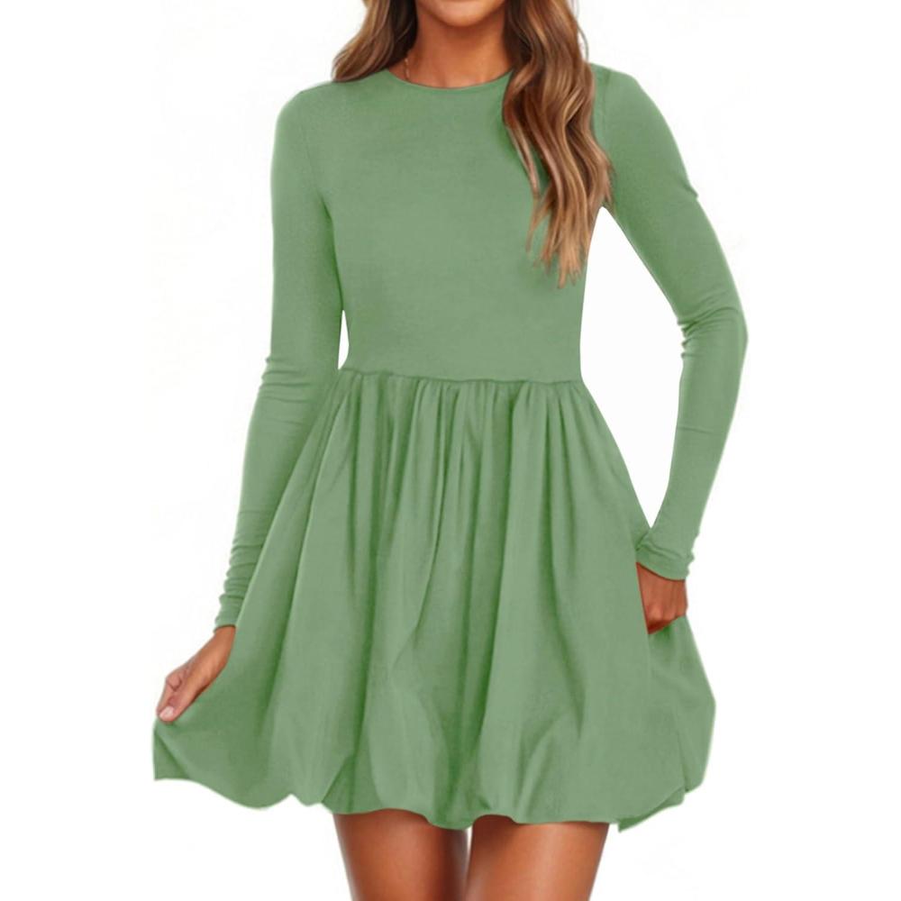imagePRETTYGARDEN Fall Dresses for Women 2026 Casual Long Sleeve Bubble Cute Crew Neck A Line Mini Short Dress with PocketsLight Green
