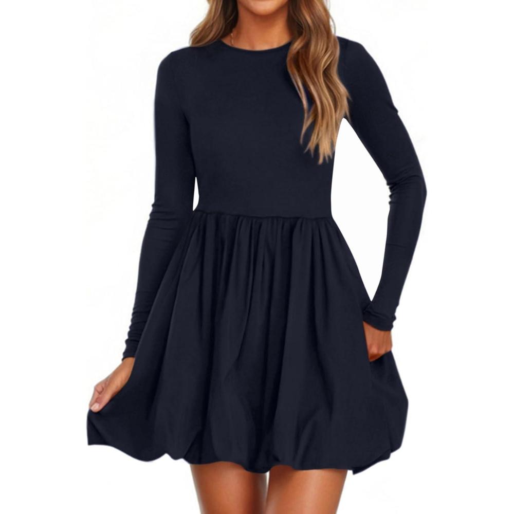imagePRETTYGARDEN Fall Dresses for Women 2026 Casual Long Sleeve Bubble Cute Crew Neck A Line Mini Short Dress with PocketsNavy