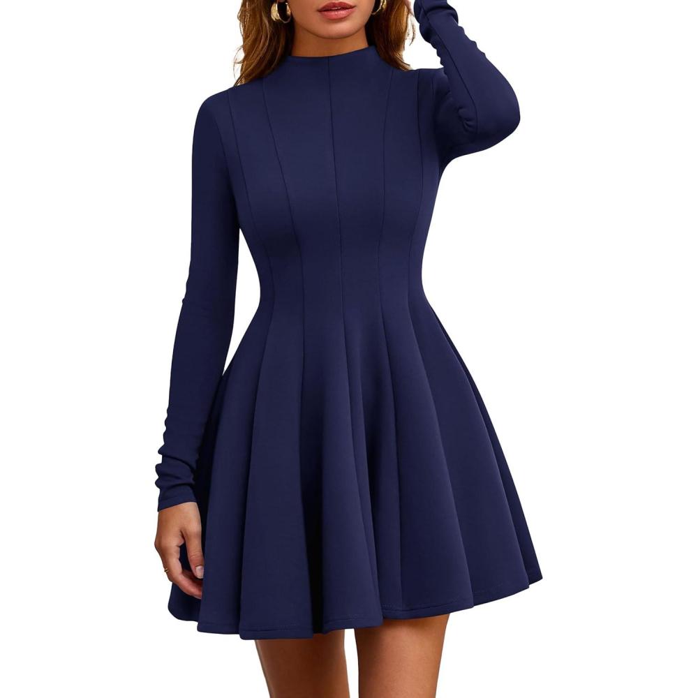 imagePRETTYGARDEN Fall Dresses for Women Elegant Classy 2026 Casual Long Sleeve Swing A Line Ruffle Short Homecoming Party DressNavy Blue