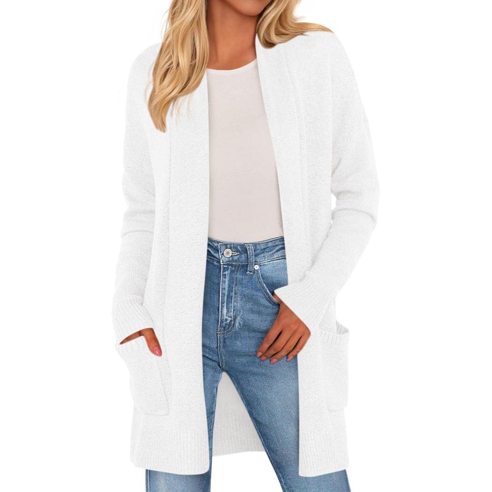 imagePRETTYGARDEN Long Cardigan Sweaters for Women Winter Clothing 2026 Fall Knitted Open Front Cozy Sweater with PocketsWhite