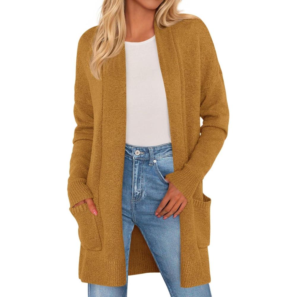imagePRETTYGARDEN Long Cardigan Sweaters for Women Winter Clothing 2026 Fall Knitted Open Front Cozy Sweater with PocketsYellow