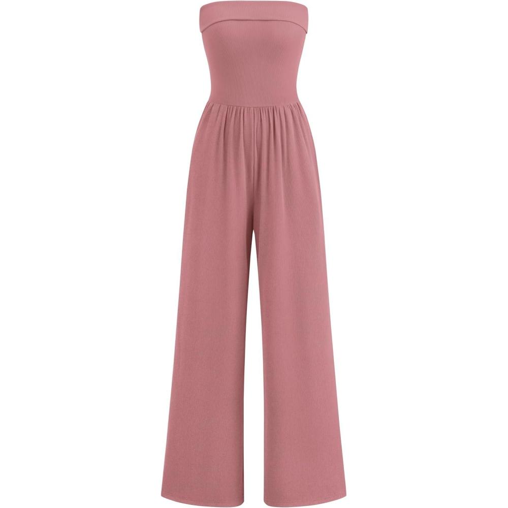imagePRETTYGARDEN One Piece Strapless Jumpsuits for Women Dressy Casual Wide Leg Tube Rompers Jumper Beach Vacation Summer OutfitsDusty Pink
