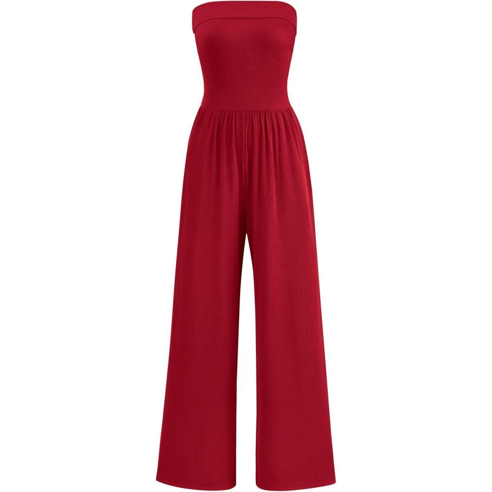 imagePRETTYGARDEN One Piece Strapless Jumpsuits for Women Dressy Casual Wide Leg Tube Rompers Jumper Beach Vacation Summer OutfitsRed